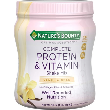 Nature's Bounty Optimal Solutions Complete Protein & Vitamin Shake Mix with Collagen, Fiber, & Probiotics, Vanilla Bean, 15g Protein, 16