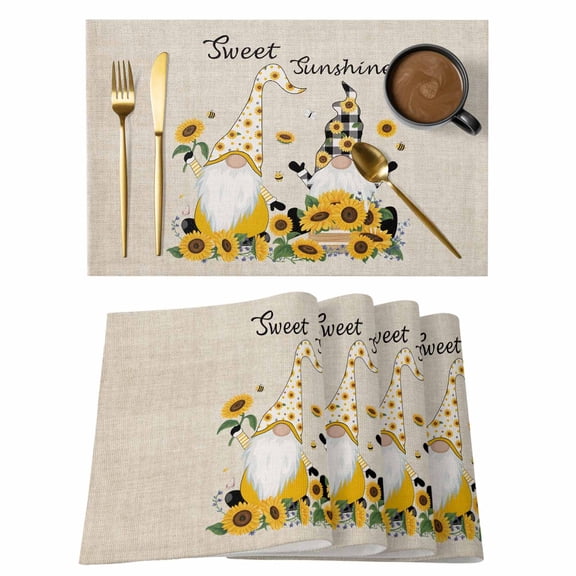 Yellow Sunflower Placemats Set of 12, Gnomes Elegant Pastoral Vintage Art Rustic Placemats for Dining Table, Place Mats for Kitchen Tabletop, Waterproof Wipeable Dining Table Mats Set