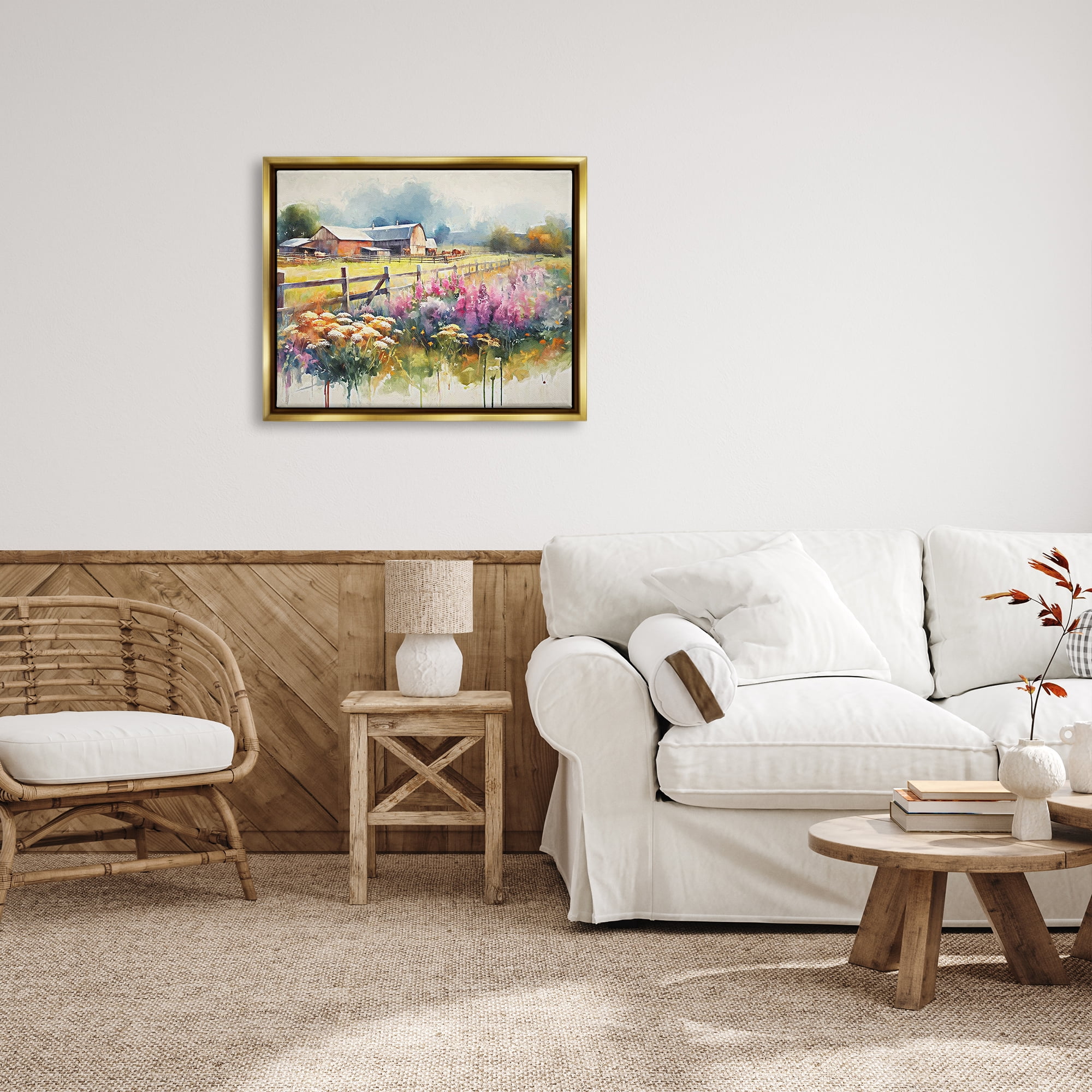 Stupell Industries Country Barn Modern Painting Landscape Painting Gold Floater Framed Canvas Art Print Wall Art, 31 x 25