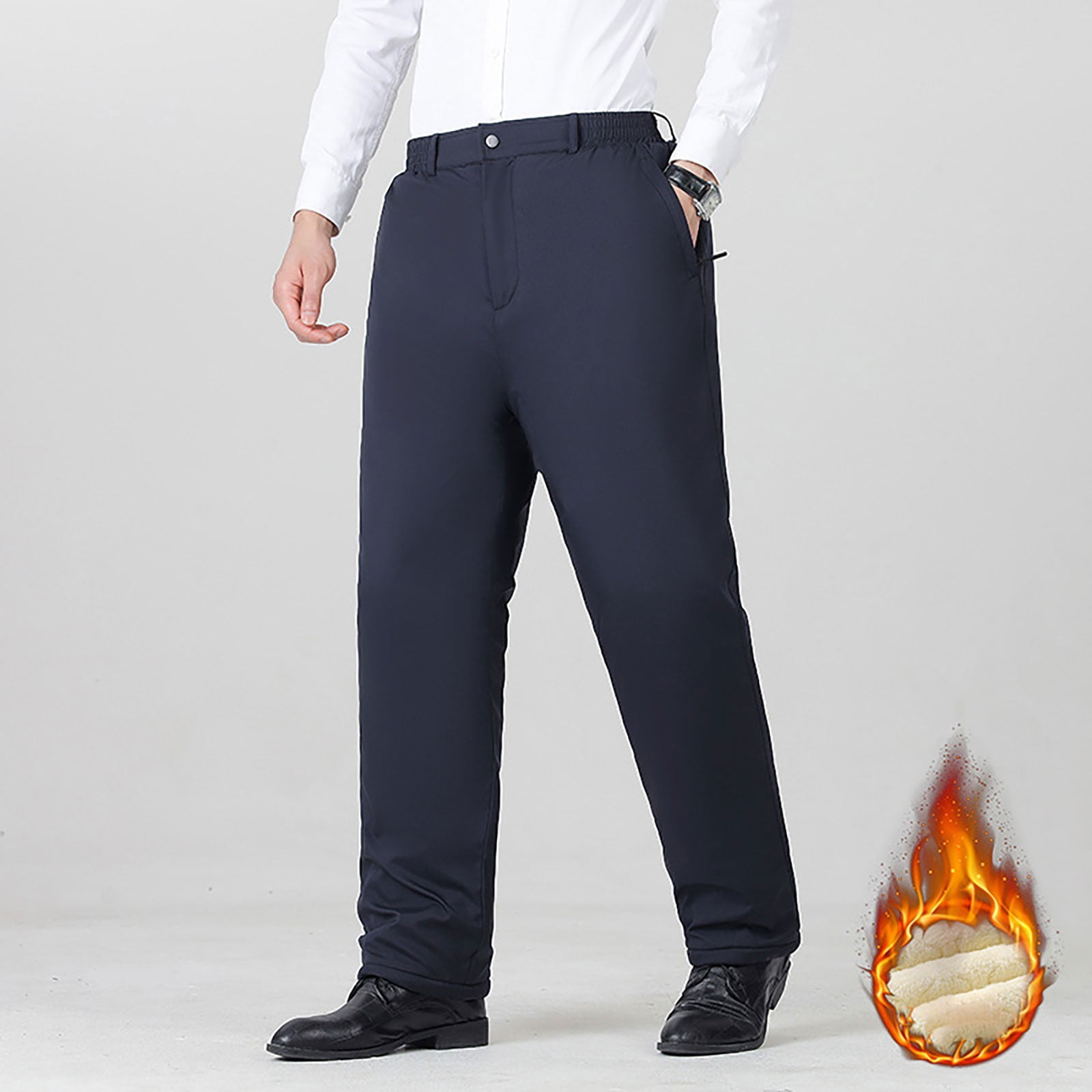 Fleece Lined Pants for Men,Straight Leg Casual Dress Pants Stretch Business Work Trousers Winter Warm Down Outfits, Men's, Size: 2XL, Black