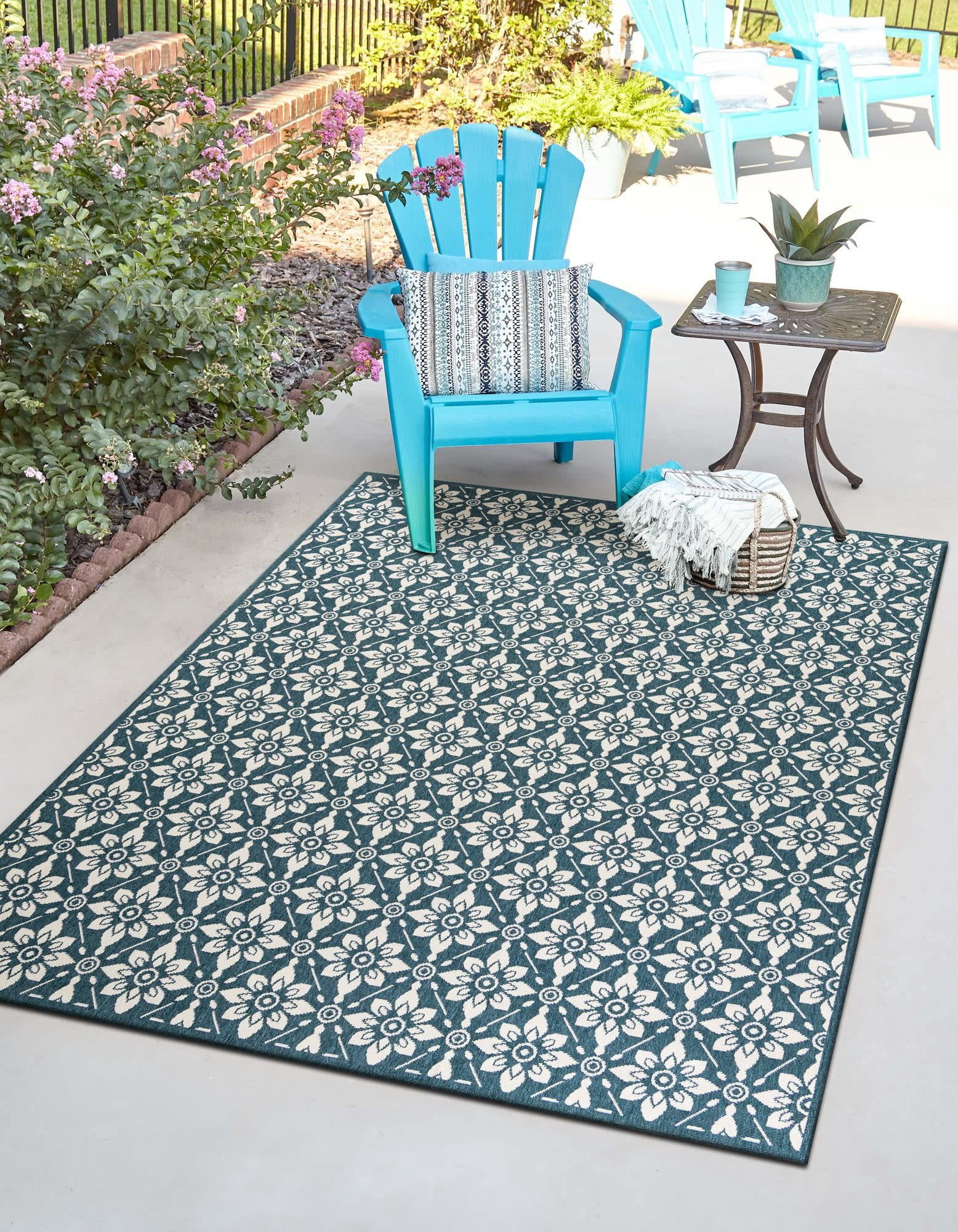 Unique Loom Outdoor Trellis Collection Area Rug - Tiles (2' x 3' 1" Rectangle Navy Blue/Ivory)