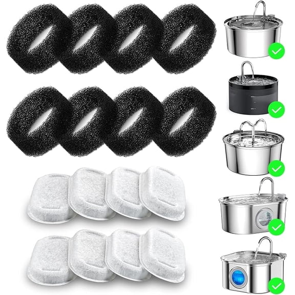 16 Pack Cat Water Fountain Filter,Cat Fountain Replacement Filters for Stainless Steel 67oz,95oz,135oz Automatic Pet Fountain Dispenser(8 Filters& 8 Sponges)