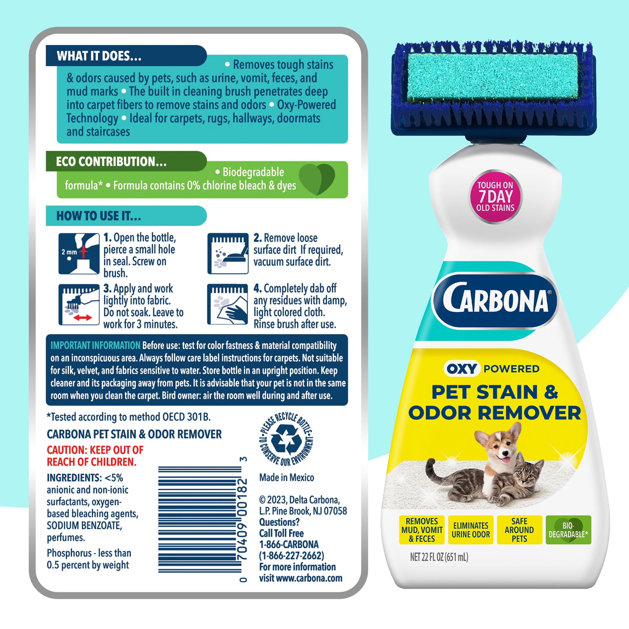 (2 pack) Carbona 2-in-1 Oxy-Powered Pet Carpet Cleaner & Odor Remover, Dual Brush Sponge, 22 Fl Oz