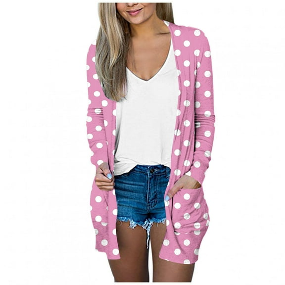 Ecqkame Women's Long Sleeve Shrugs Boleros Lightweight Thin Printed Cardigan Casual Loose Cover Up Tops with Pockets Pink XL