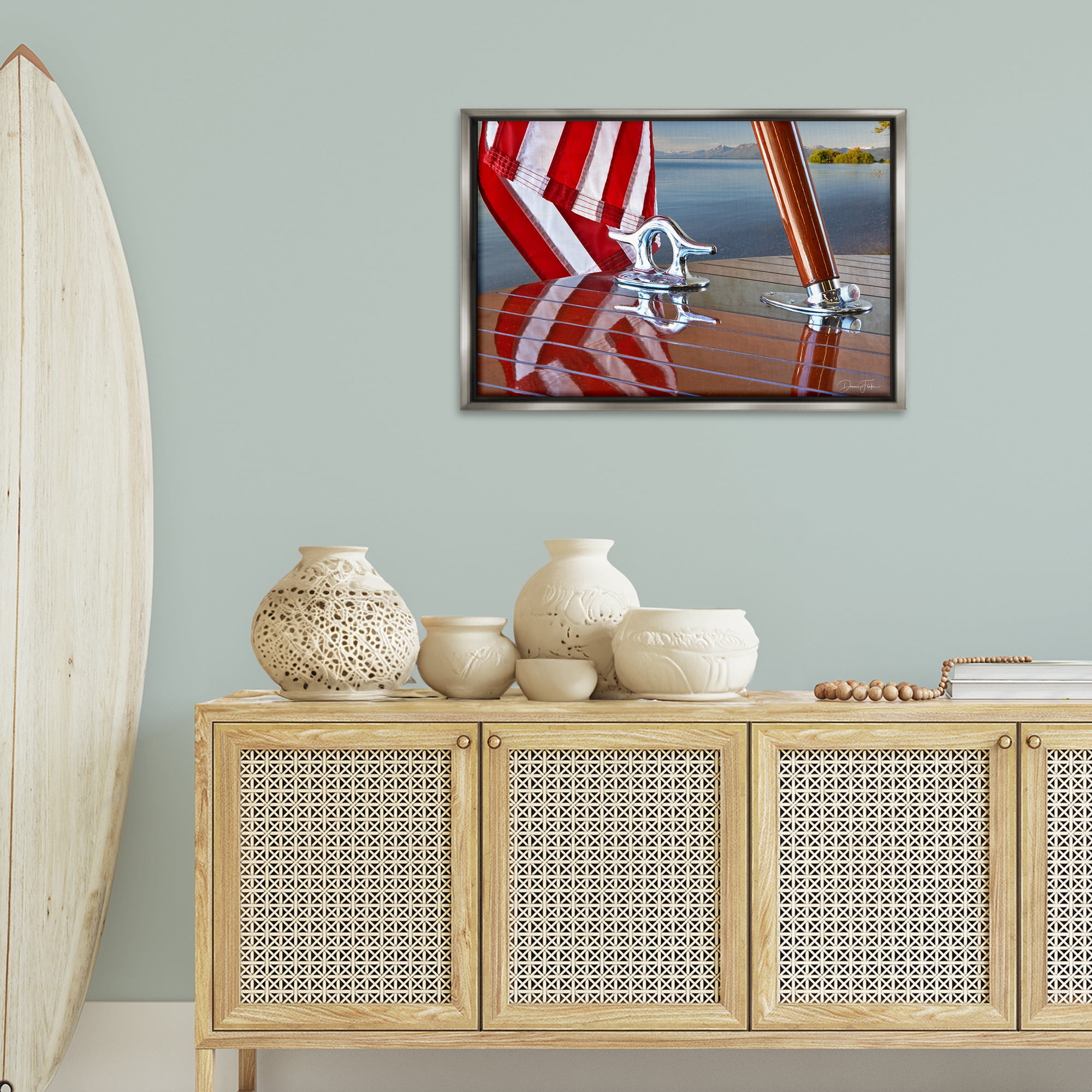 Stupell Industries Flag On Boat Hull Transportation Photography Gray Floater Framed Canvas Art Print Wall Art, 31 x 21