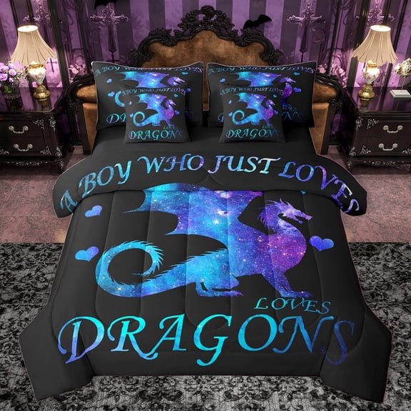Homewish Animal Dragons Twin Bedding Sets 7-Piece for Teens Boys Girls,Gradient Universe Galaxy Bedding Comforter Set Microfiber,Starry Sky Breathable Sheet Sets,Lightweight Room Decor,Reversible