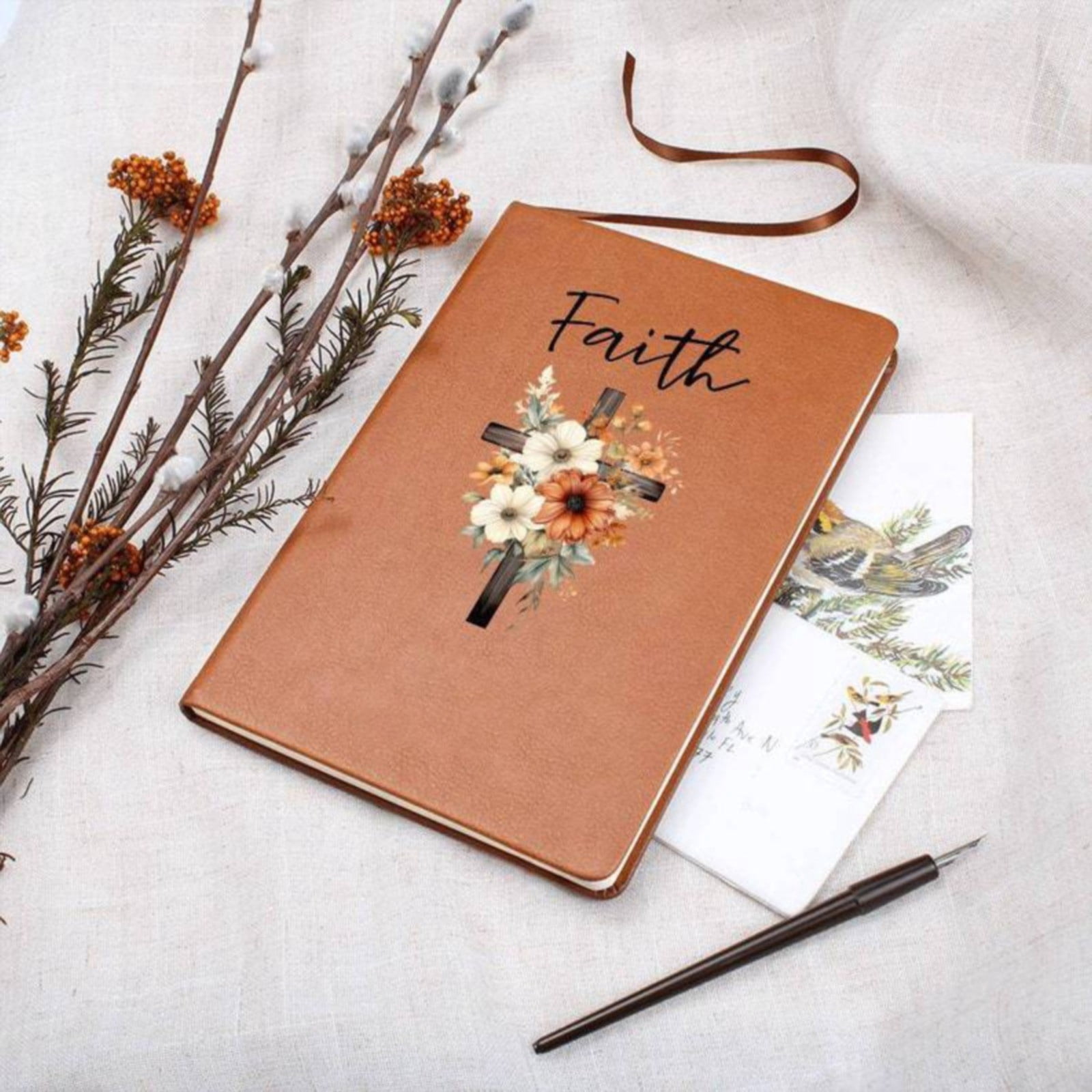 VKLU Faith Prayer Journal for Women, Antique Rustic Leather Notebook with Floral Cross Design, Inspirational Gratitude Diary for Daily Devotion & Bible Study, Boxed Christian Gift
