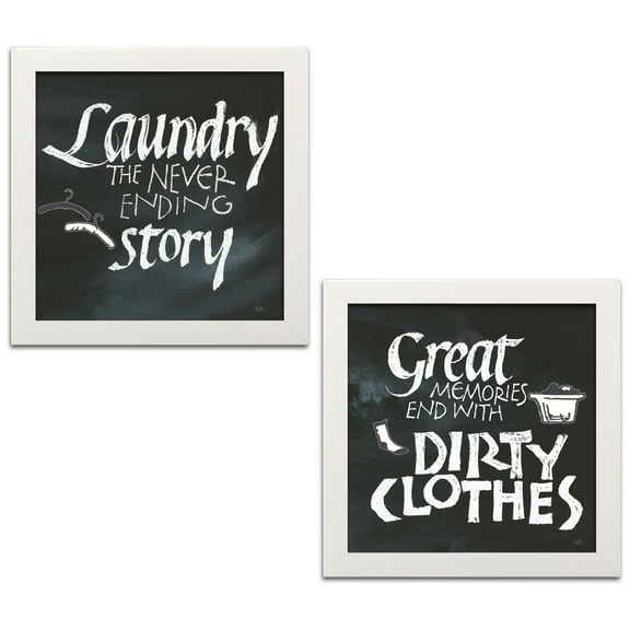 Black and White Inspirational Typography Adult Laundry Decor; 2 - 12" x 12" White Frames