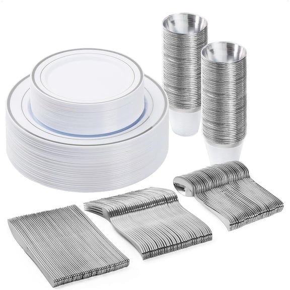 150PCS Plastic Dinnerware Set (25 Guests), Silver Disposable Plates for Party, Wedding, Anniversary, Includes: Dinner Plates, Dessert Plates, Cups, Spoons, Forks and Knives