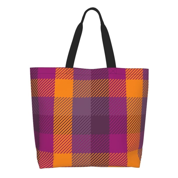 Fotbe Purple Yellow Buffalo Plaid Bolsa Tote Estética de Lona con Estampado para Mujer - Bolsa Reutilizable de Hombro Casual para Vacaciones, Compras, Trabajo y Gimnasio