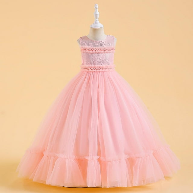 Pisexur Girls Dresses , Robes pour Filles Bébé Robes pour Enfants Sans Manches à Col Rond Couleur Unie Robe Princesse Bouffante en Maille avec Perles Brodées Exquises Robe de Soirée Robe de Banquet Rose