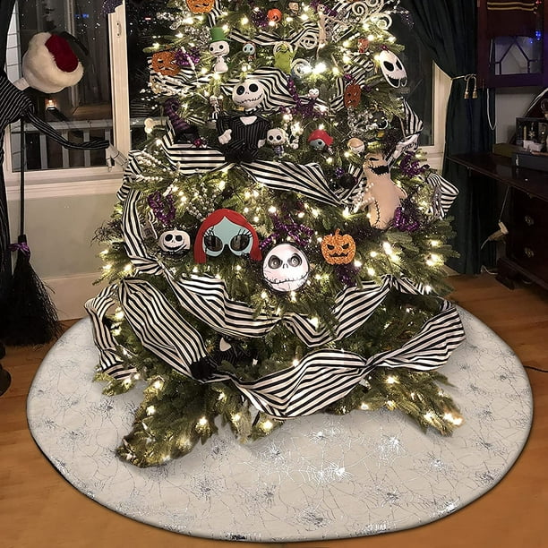 White Cream Tree Skirt with Foil Silver Spooky Spiders,48 inches Halloween  Tree Ornaments for Nightmare Before Christmas Decorations 