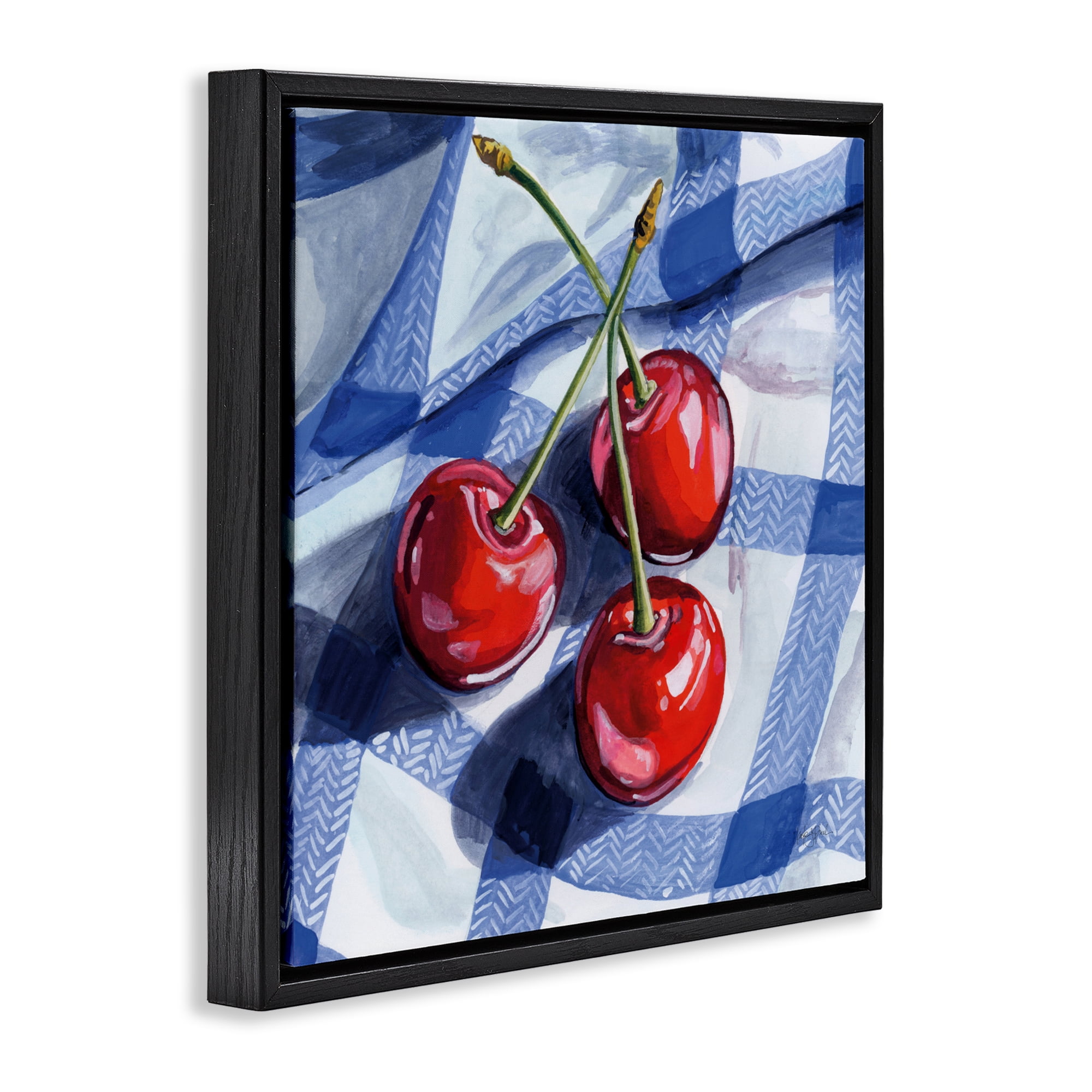 Stupell Industries Three Picnic Cherries on Gingham Black Framed Floater Canvas Wall Art, design by Kate Jarvik Birch