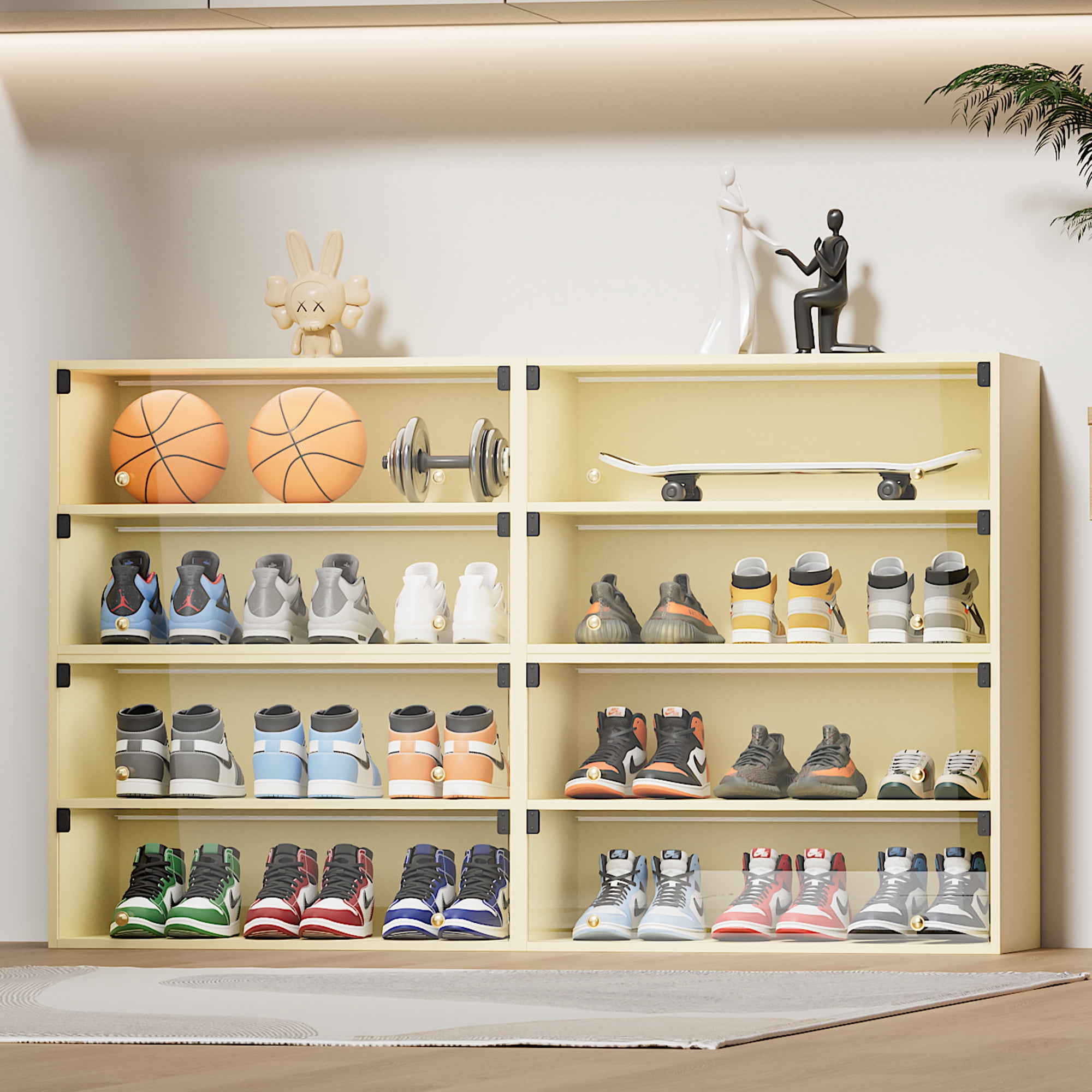 OUDOSPRS Stackable LED Sneaker Display Cabinet for 6 Pairs of Shoes, 2 Layers Shoe Rack with Thick Acrylic Door, Clear Shoe Boxes Sleek Wooden Showing Shoe Rack for Space Saving, White