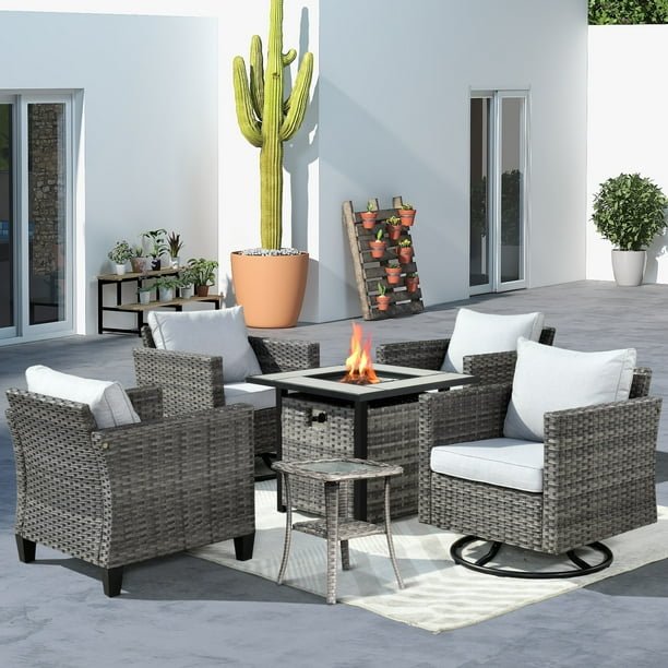 Ovios Patio Outdoor Furniture Set with Fire Pit Table 6 Pieces Outside Wicker Conversation with