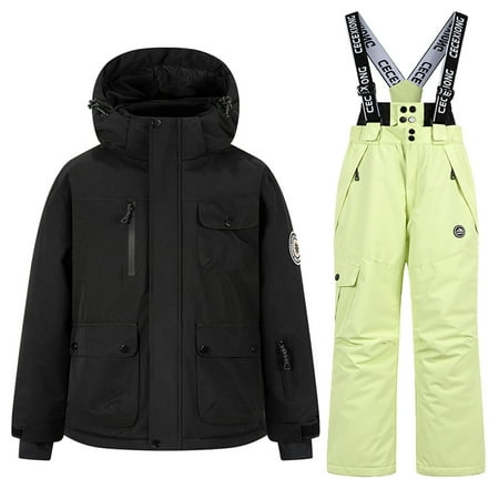 TEAJOPSUU Boys Boys Ski Jacket and Snowbib Snowsuit Set 2 Piece Winter Thick Waterproof Windproof Zip Up Hooded Jacket and Overall Snowsuit Set for Kids 3-14 Yesrd E-Green