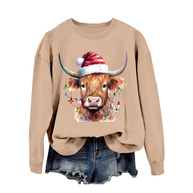 Chandail en Molleton Décontracté à Manches Longues pour Femmes, Imprimé Vache Western de Noël