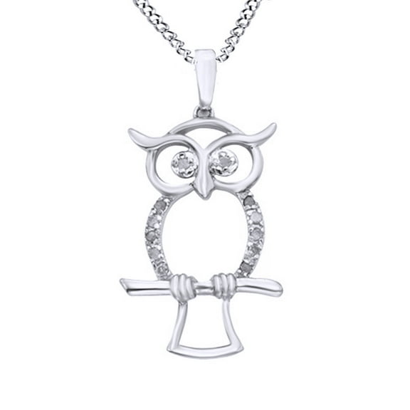 AFFY White Natural Diamond Owl Pendant Necklace in 14k White Gold Over Sterling Silver (0.1 Ct)