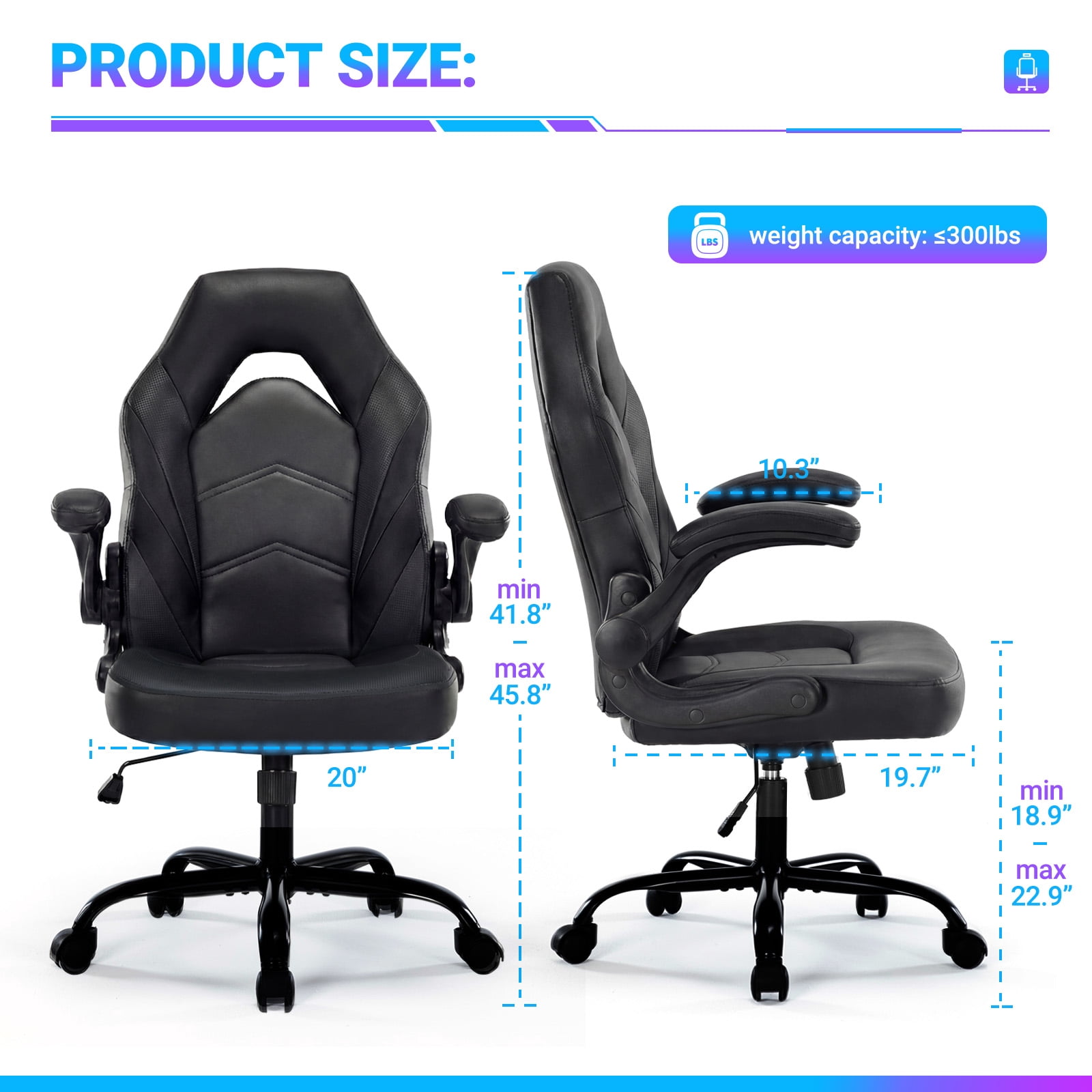 EDX Ergonomic Gaming Chair with PU Leather, Adjustable Swivel Computer & Office Desk Chair with Flip-Up Armrests, Black