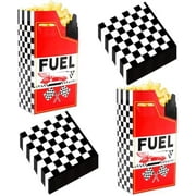 48 race car-themed treat boxes with checkered napkins for parties.