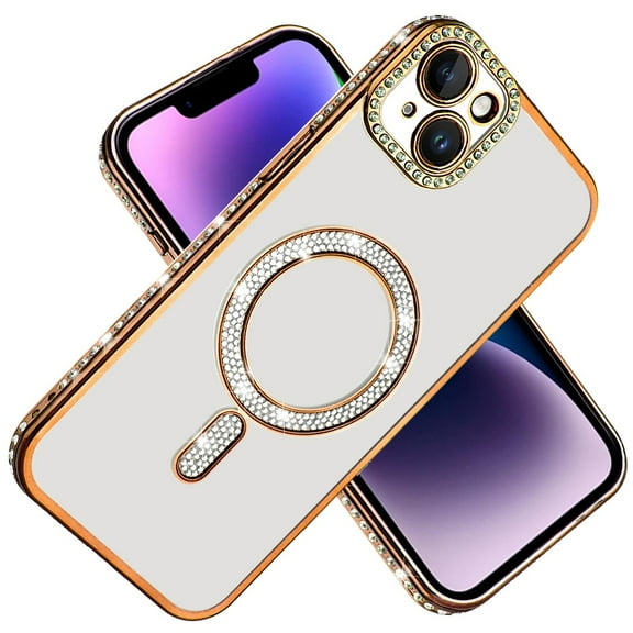 XPM for Apple iPhone 15 Phone Case, Bling Case with Diamond Magnetic Circle, Transparent Slim Shockproof Hybrid Slim Fit Cover for iPhone 15 (Gold)