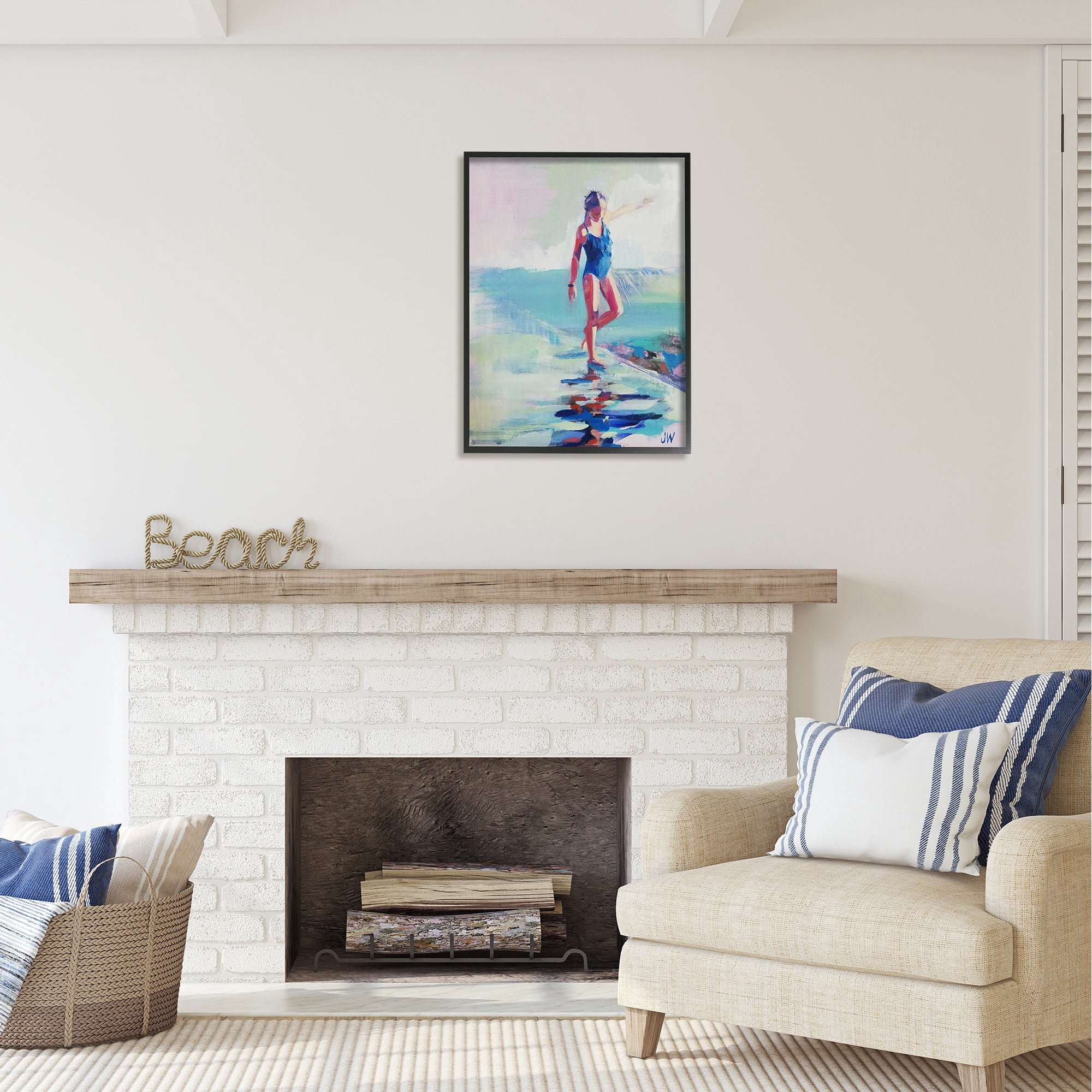 Stupell Industries Girl on Beach Abstraction Abstract Painting Black Framed Art Print Wall Art, 24 x 30