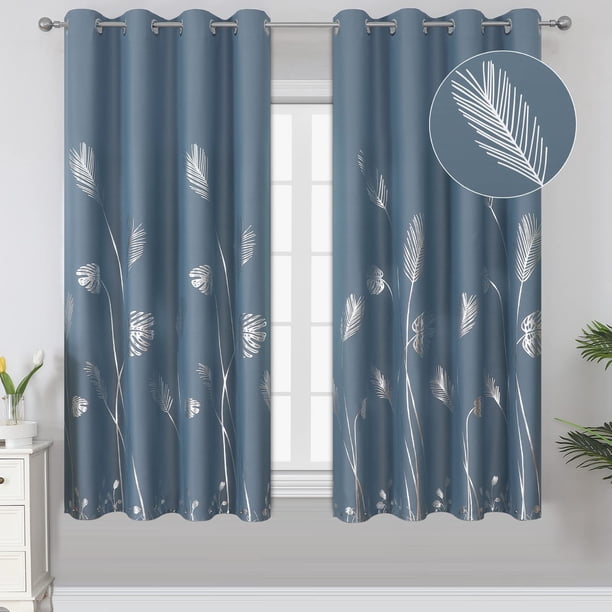 Cortinas Blackout Estelar Textiler Azul Piedra con Diseño de Hoja de Palma