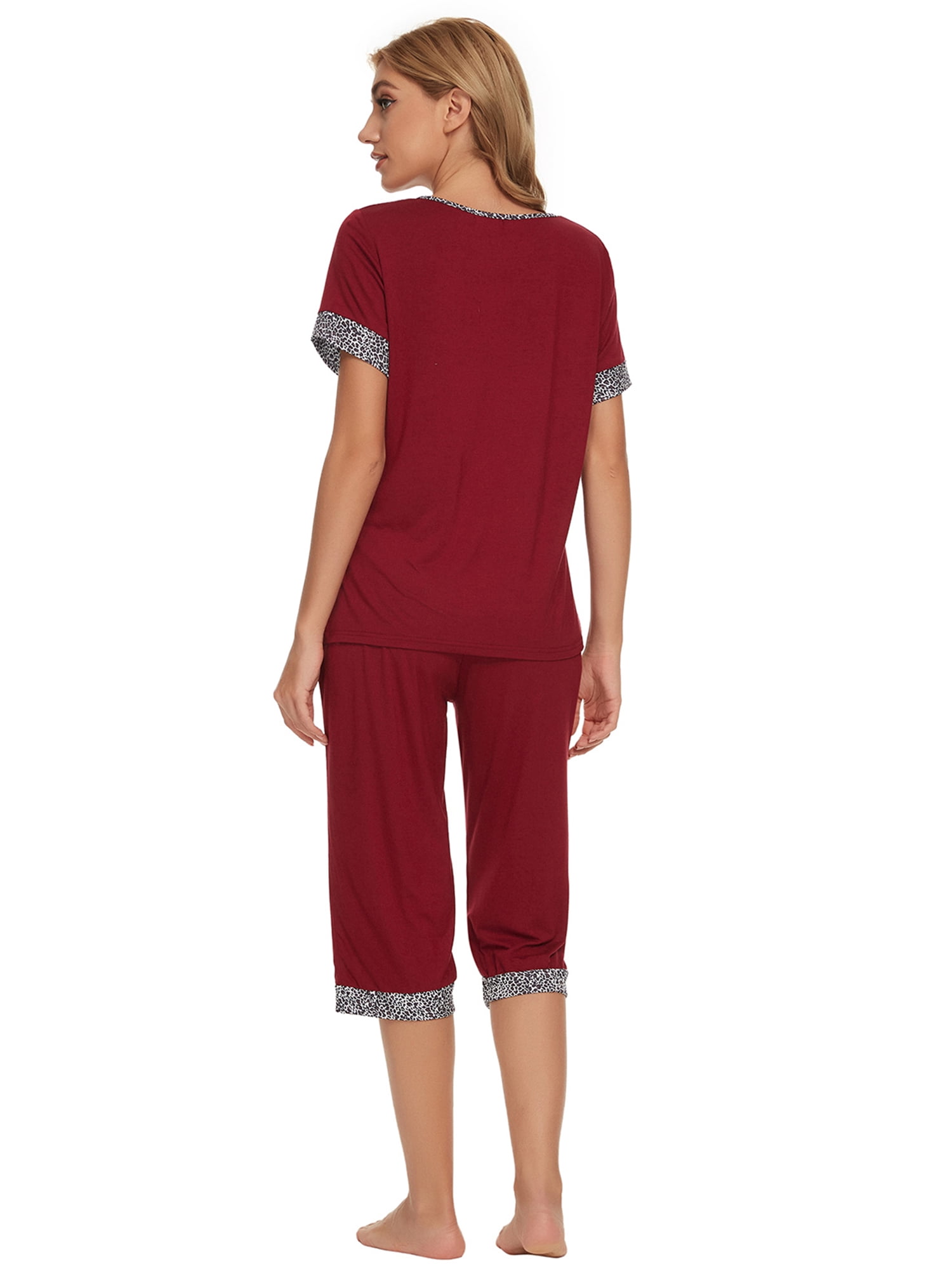 Unique Bargains Womens Pajama Set Round Neck with Capri Pants Pjs Lounge Sleepwear Sets