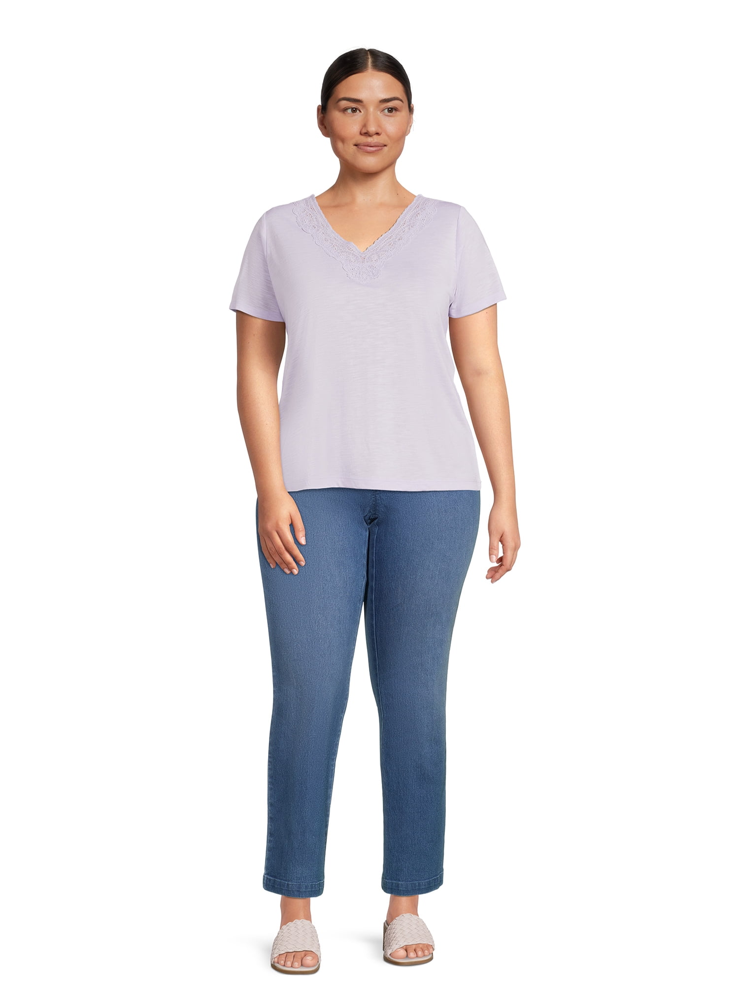 RealSize Women's Plus Lace V-Neck Tee with Short Sleeves