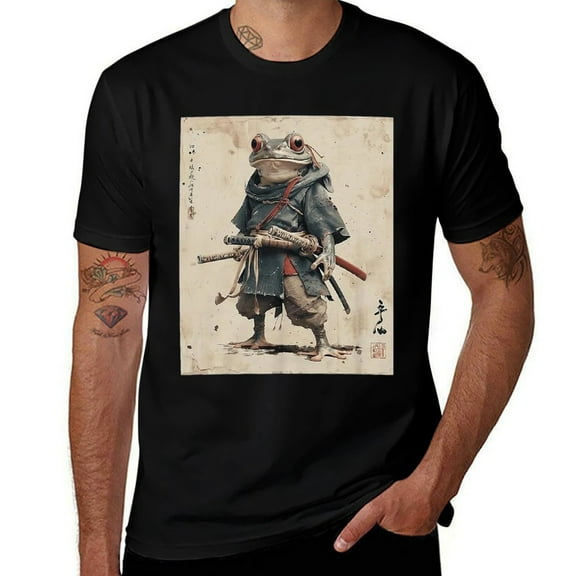 Vintage Samurai Frog Warrior Mens T Shirts Cotton Short Sleeve T-Shirt Crew Neck Tees Casual Shirt