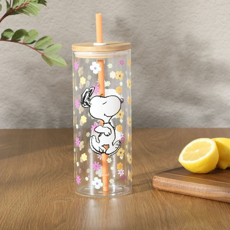 Peanuts Snoopy 22oz Glass Sipper Floral Cup - Walmart.com
