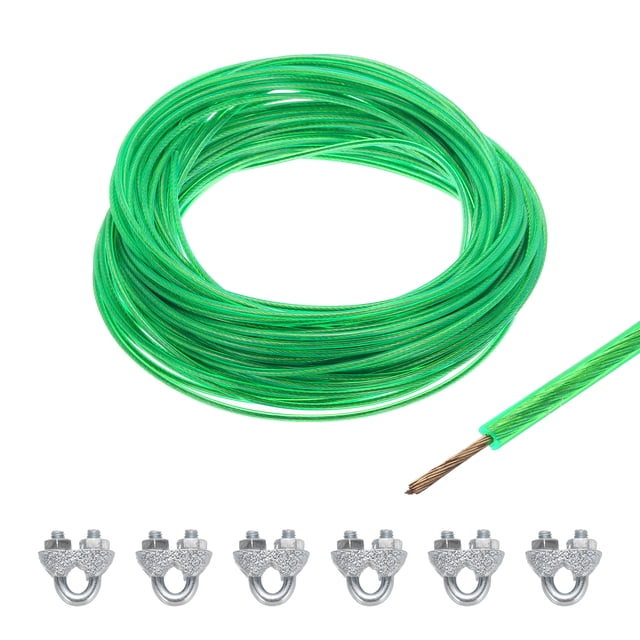 Uxcell 3/32 Green Vinyl Coated Wire Rope 98ft Galvanized Steel with 6PCS M3 Loop Sleeves
