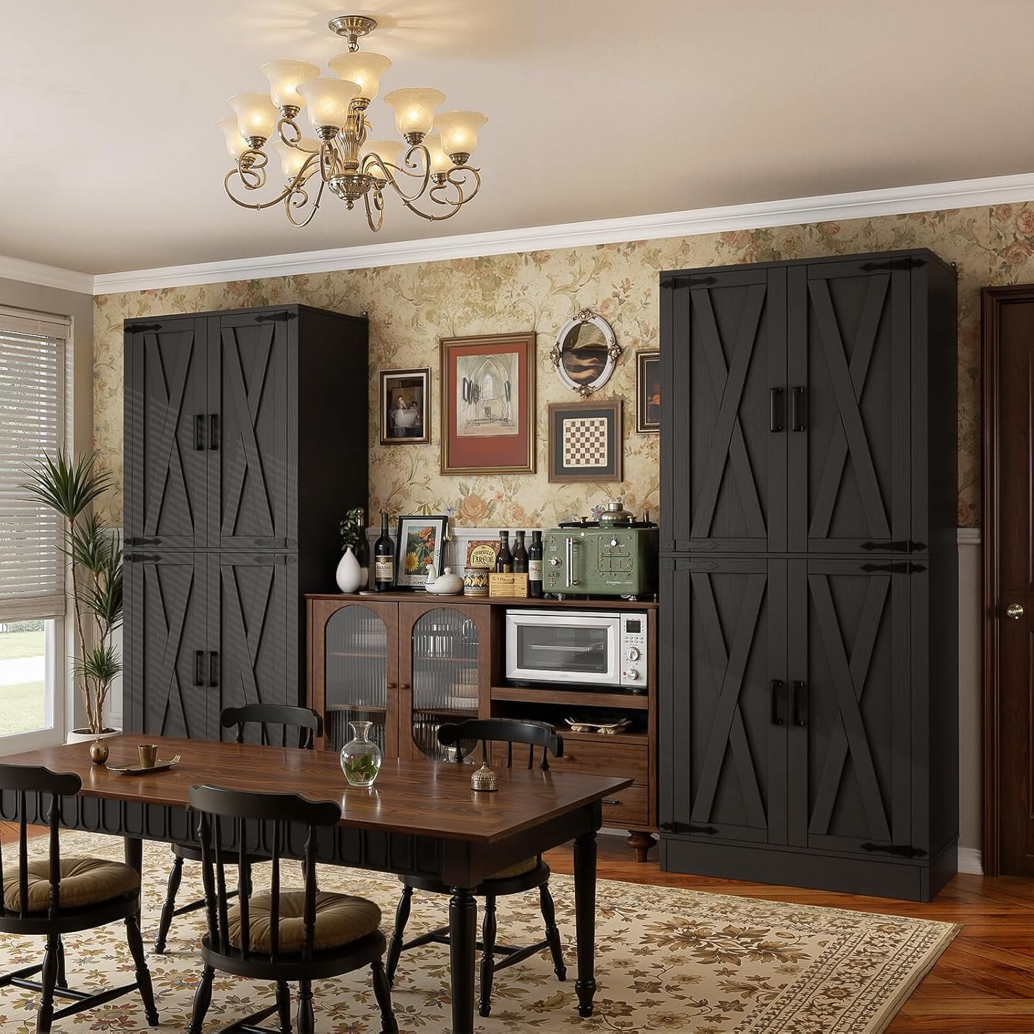 Homieasy 71'' Tall Farmhouse Pantry Cabinet 2 Piece Set, 6-Tier Pantry with Doors, Drawers & Adjustable Shelves, Black