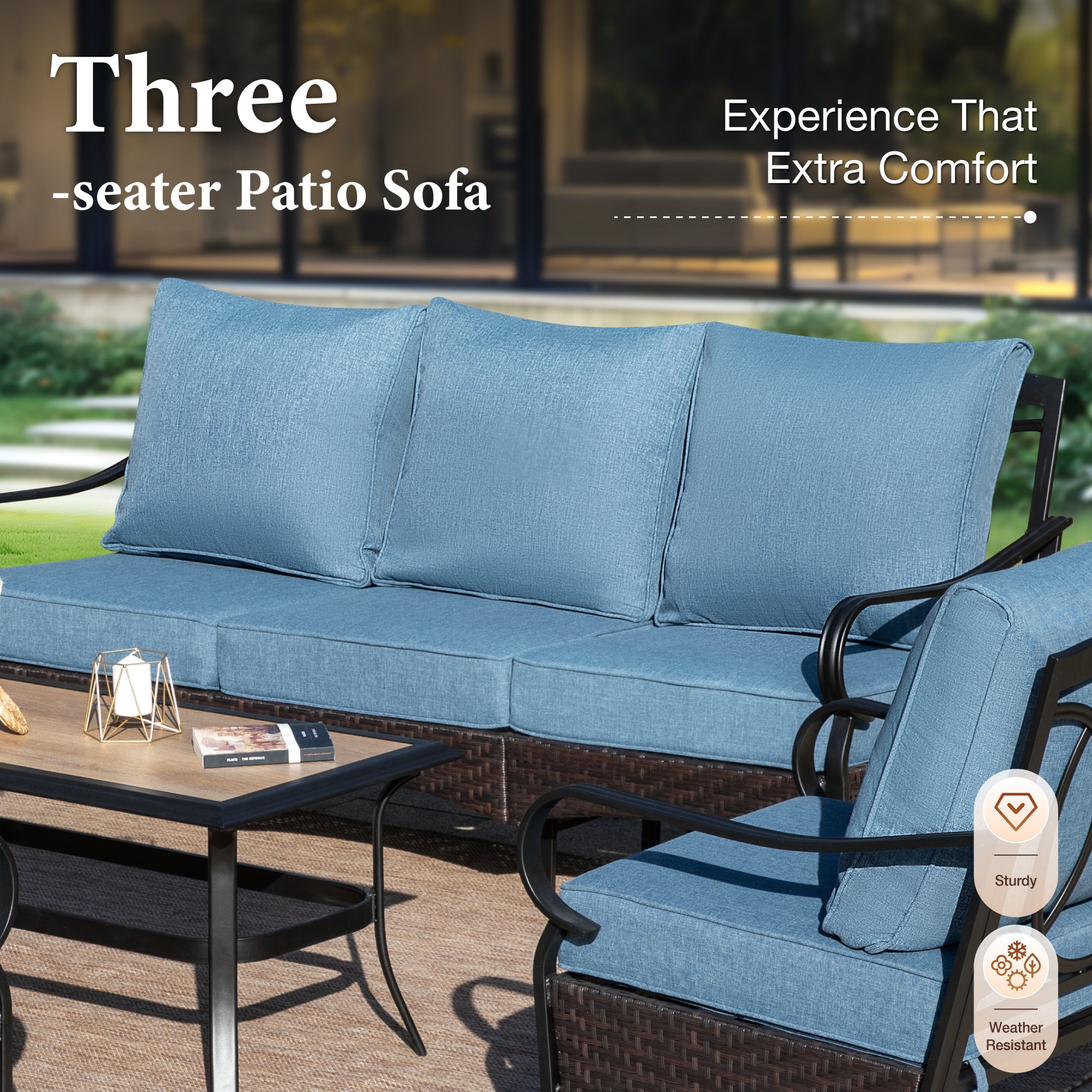 SUMMIT LIVING 4-Piece Outdoor Patio Conversation Set with Wood-look Coffee Table, Outdoor Patio Furniture Set for 5 People, Navy Blue