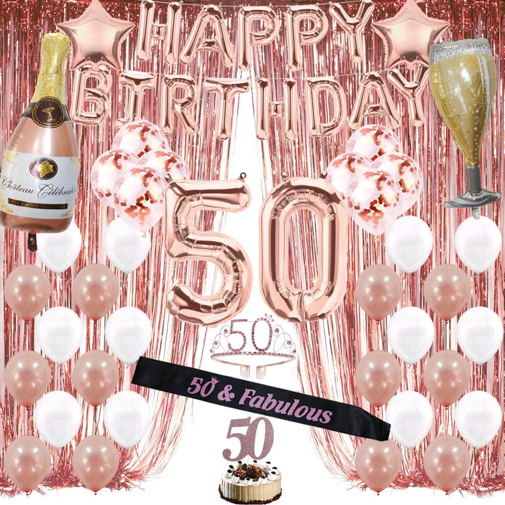Photo Props Tablecloth Sash and Tiara Foil Balloons Fringe Curtain 50 Birthday Supplies including Happy Birthday Balloons Rose Gold 50th Birthday Party Decorations for Women Or Girls 
