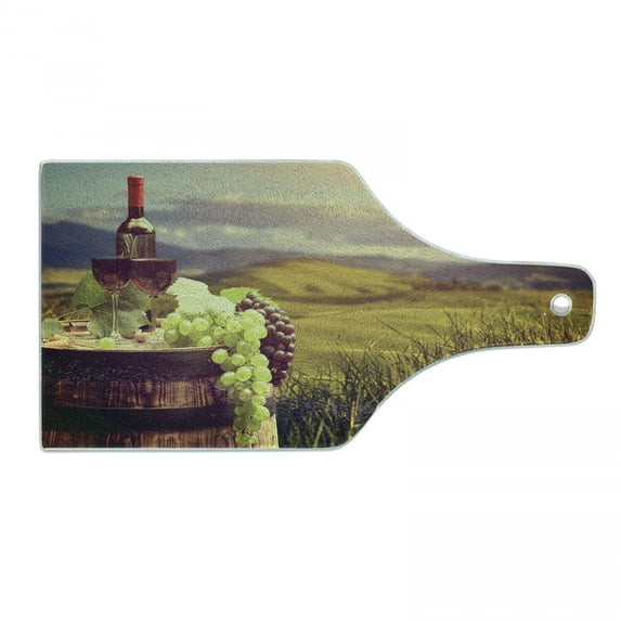 Wine Cutting Board, Italy Tuscany Landscape Rural Vineyard Autumn Harvest Grapes Drink Viticulture, Tempered Glass Cutting and Serving Board, Wine Bottle Shape, Green Black Brown, by Ambesonne