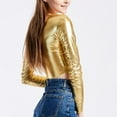 thumbnail image 3 of Ana Women Faux Leather Shiny Wetlook Crop Top Long Sleeve V-neck Top Dance Clubwear, 3 of 9