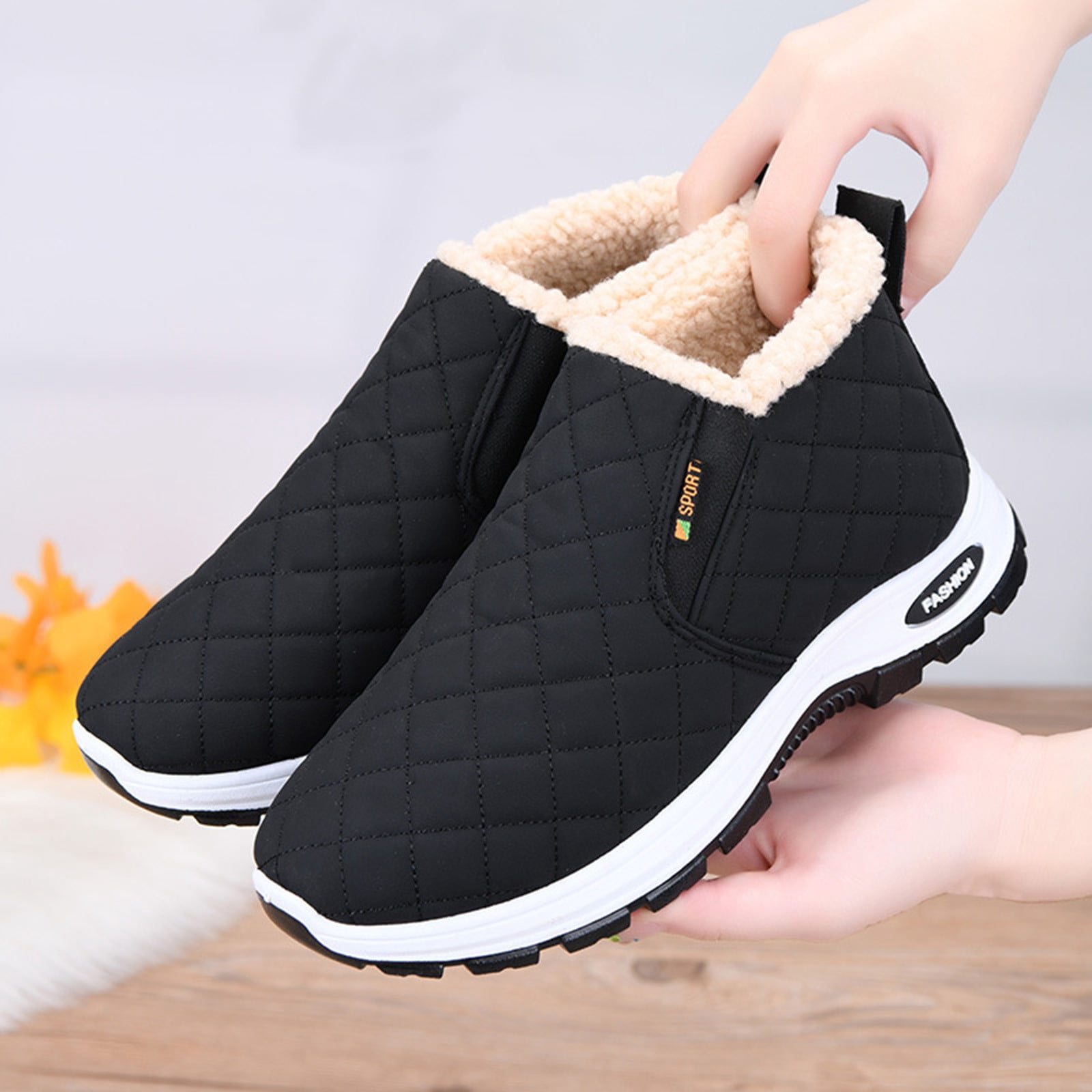 Gamivast Hiking Shoes for Women Lightweight Slip-on Fleece Lined Winter Boots Casual Warm Arch Support Cozy Leather Shoes with Non-Slip Walking Outdoor Indoor