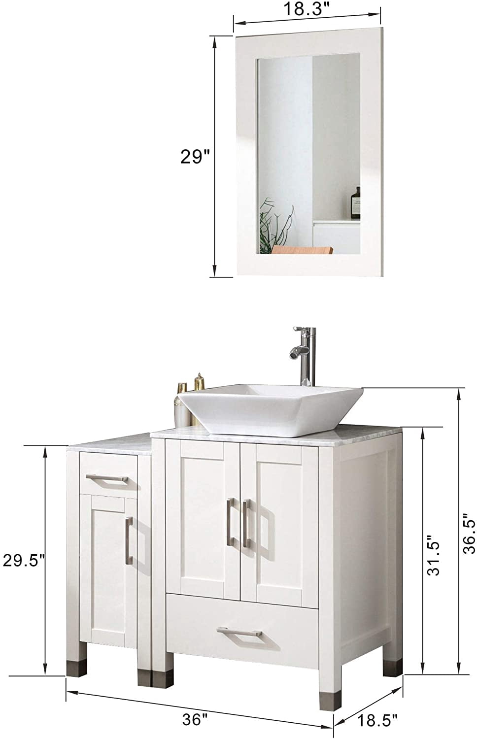 36" Bathroom Vanity Cabinet and Sink Combo Solid Wood Marble Top w/Mirror Faucet&Drain,White