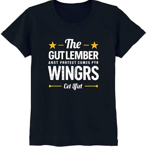 Funny Black T-Shirt with The Guttember and Protest Comes Pyr Wings Graphic