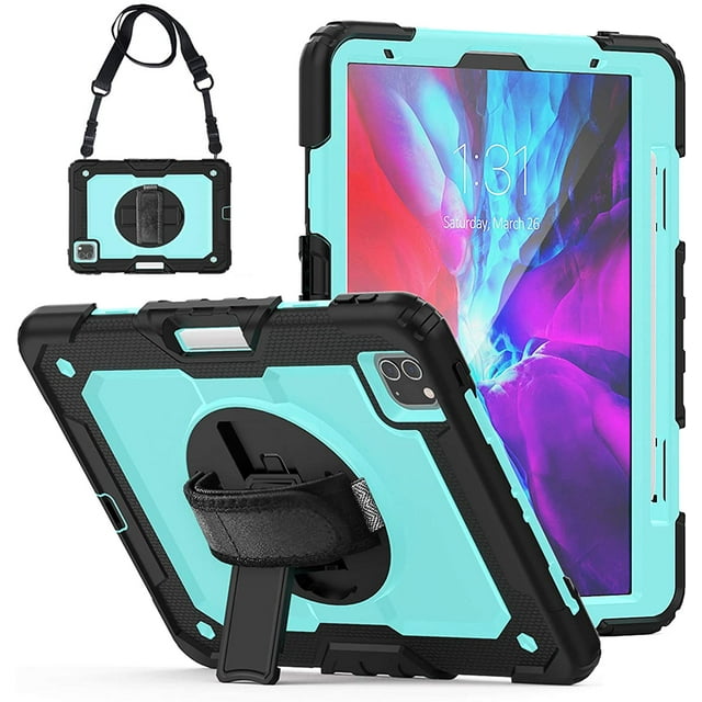 iPad Pro 12.9 Case 2020 with Screen Protector Pencil Holder | Full Body Shockproof Rugged Protective Durable Rubber Case w/360 Rotating Stand & Strap for iPad Pro 12.9 inch 4th Generation