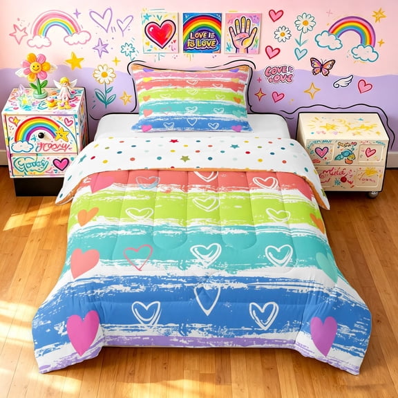 Manfei Rainbow Printing Twin Comforter Sets, Kawaii Stripe Love Heart Bedding Set, Pink Green Blue, Polkadot Reversible, 2pcs, 1 Comforter and 1 Pillowcase