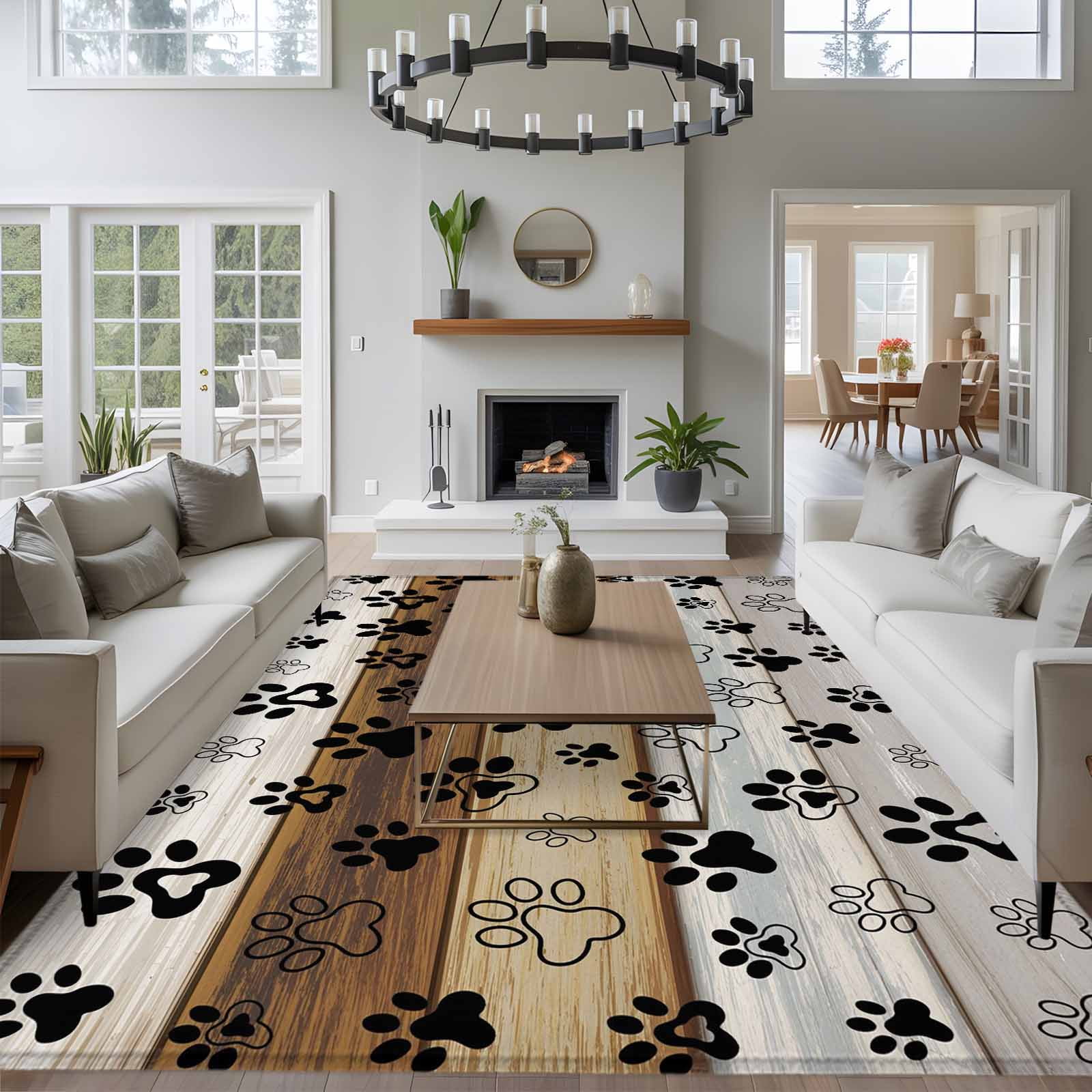 Area Rug for Living Room, Cute Dog Claws Non-Slip Indoor Large Carpet for Bedroom/Dining Room, Farmhouse Brown Grey Wooden Puppy Pawprints Washable Low-Profile Rectangle Floor Runner Rugs - 6 x 9 Ft