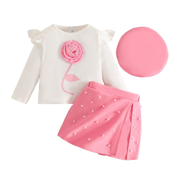 SonxaHe Infant Girl Outfits Floral Long Sleeve Knitted T Shirt Skirts with Hat Baby Cute Cozy Outerwear Autumn Outfit Set Pink,Sized 9-12 M