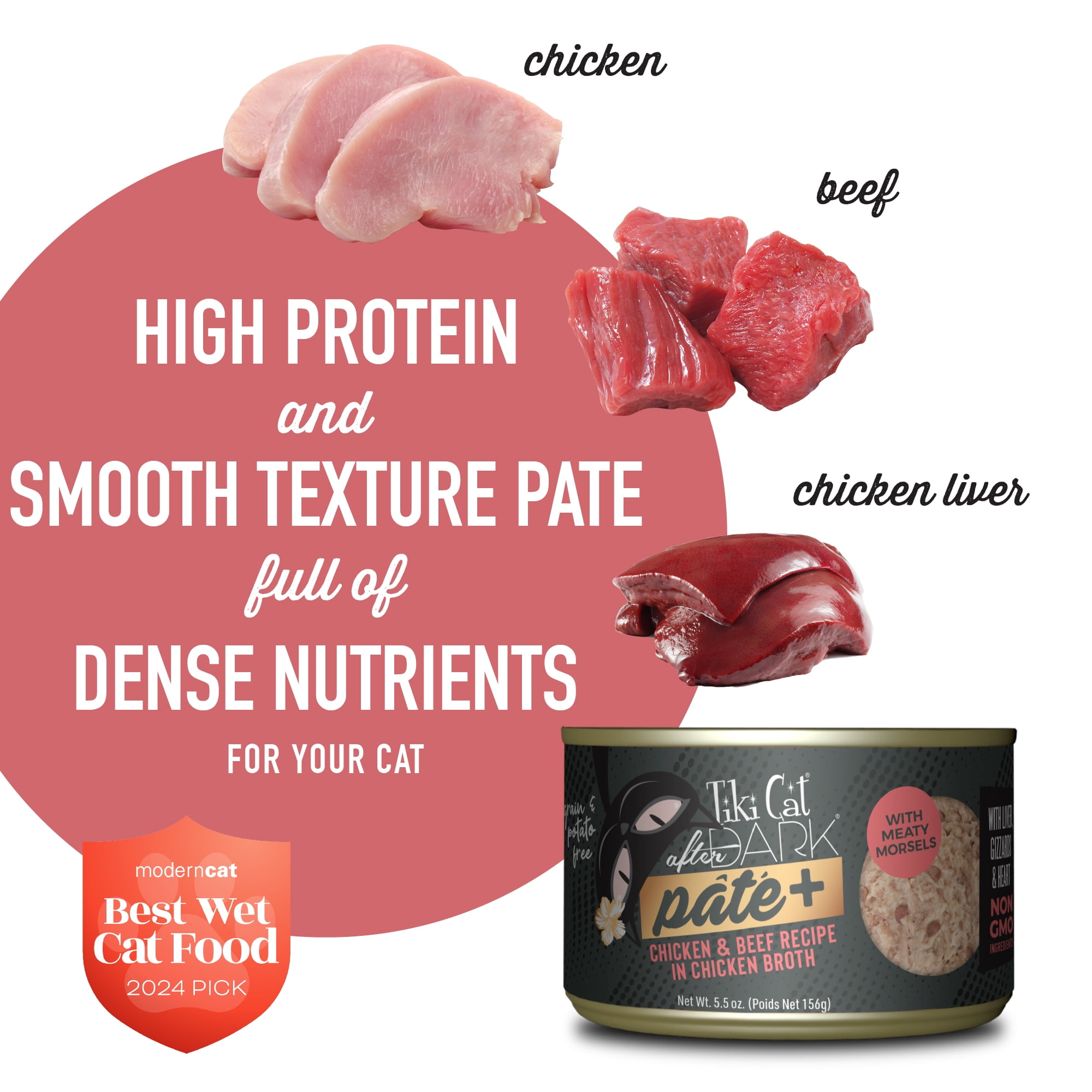 (6 pack) Tiki Cat After Dark Pate+ Wet Cat Food, Chicken & Beef, 5.5 oz. Can