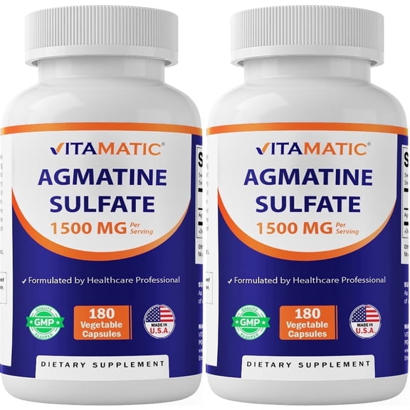 Vitamatic Agmatine Sulfate 1500mg Per Serving - 180 Veg Capsules - Made in the USA - Non-GMO & Gluten Free - 2 Pack