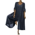 thumbnail image 2 of JURANMO Women's Baggy Plus Size Cotton Linen Jumpsuits,2024 Fall Winter Women Casual Solid Color Trendy Button Down Half Sleeve Suit Classic Round Neck Romper Long Playsuit Wide Leg Jumpsuit, 2 of 6