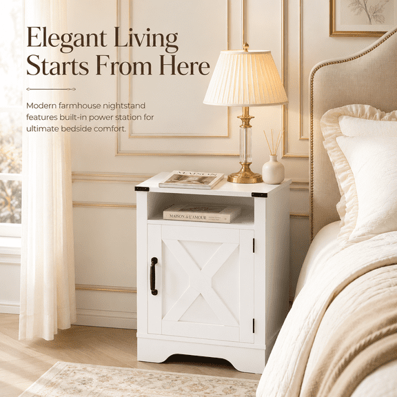 White Farmhouse Nightstand with Charging Station, 16-Inch End Table