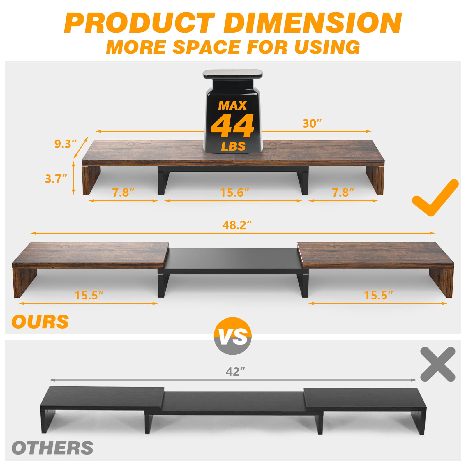 RTVR Dual Monitor Stand Riser Office Desktop Organizer Stand for 2 Monitors, Adjustable Length & Angle 3 Shelf Extra Long for TV Computer Laptop, Brown