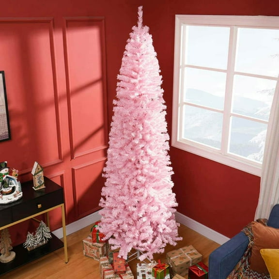 Spaco 8' Artificial Christmas Tree Douglas Fir Pencil Christmas Tree with 1168 Realistic Branch Tips, Christmas Tree for Indoor Holiday Decoration, Pink